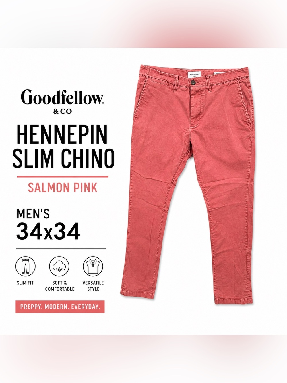 Goodfellow Hennepin Slim Chino Pants Men’s 34x34 Pink Salmon Casual Stretch